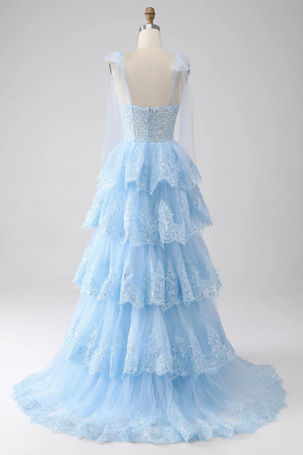 Light Blue Sweetheart Bow Tie Straps Tiered Tulle Sequin Prom Dress with Appliques