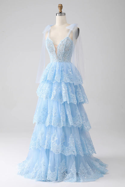 Light Blue Sweetheart Bow Tie Straps Tiered Tulle Sequin Prom Dress with Appliques