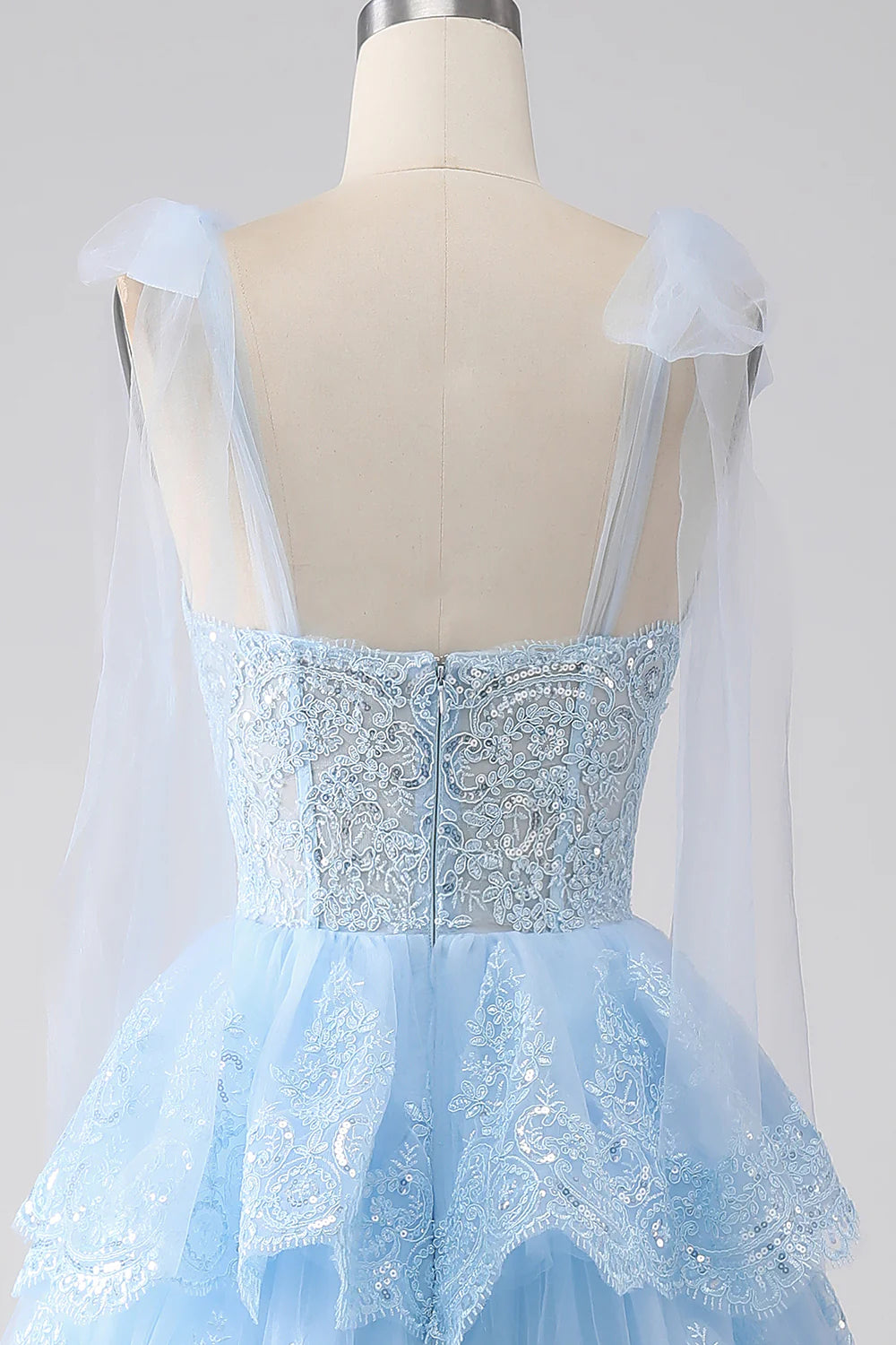 Light Blue Sweetheart Bow Tie Straps Tiered Tulle Sequin Prom Dress with Appliques