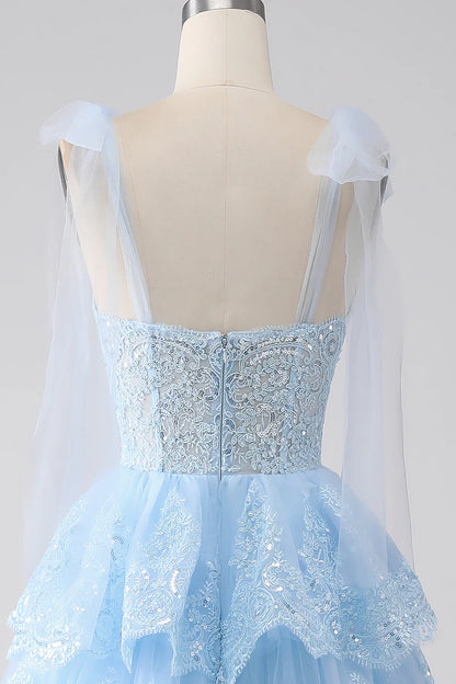 Light Blue Sweetheart Bow Tie Straps Tiered Tulle Sequin Prom Dress with Appliques