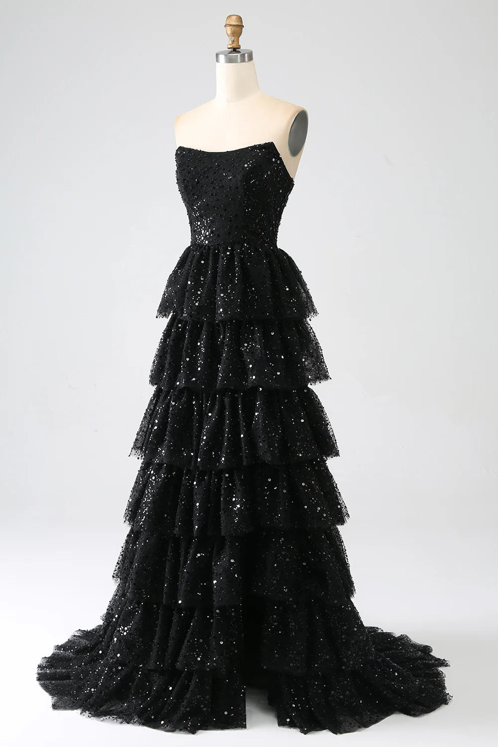 A-Line Party Dress Sequins Black Tiered Prom Dress with Slit