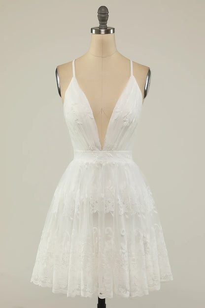 White Spaghetti Straps Short Lace Prom Dress