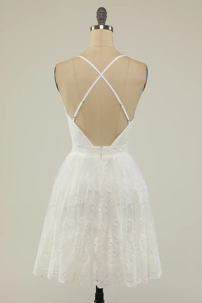 White Spaghetti Straps Short Lace Prom Dress