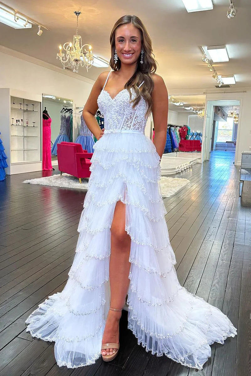 White Tulle Appliques Sweetheart Long Prom Dresses with Slit