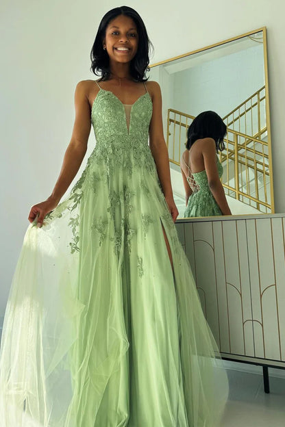 Sage Green V Neck Tulle A-Line Long Prom Dresses with Appliques