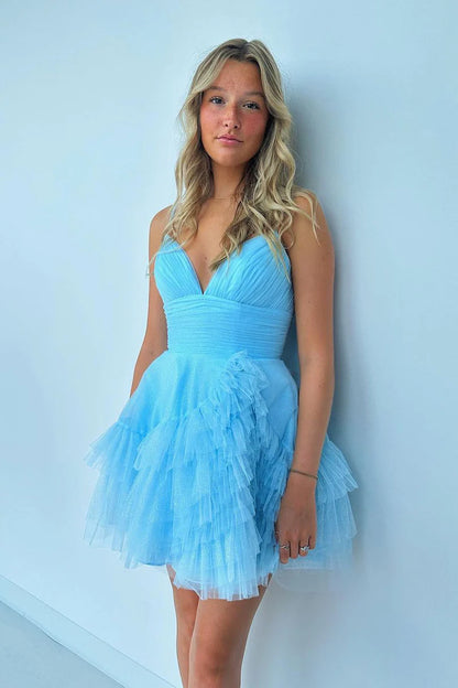 V Neck Blue Tulle Short Homecoming Dress