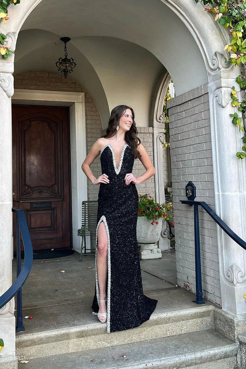 Black V Neck Sequin Mermaid Long Prom Dresses with Beads