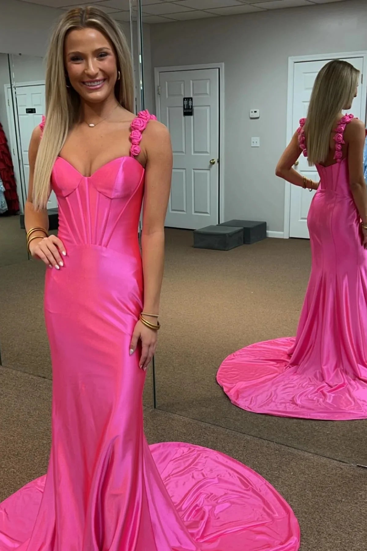 Hot Pink Floral Straps Mermaid Satin Long Prom Dress