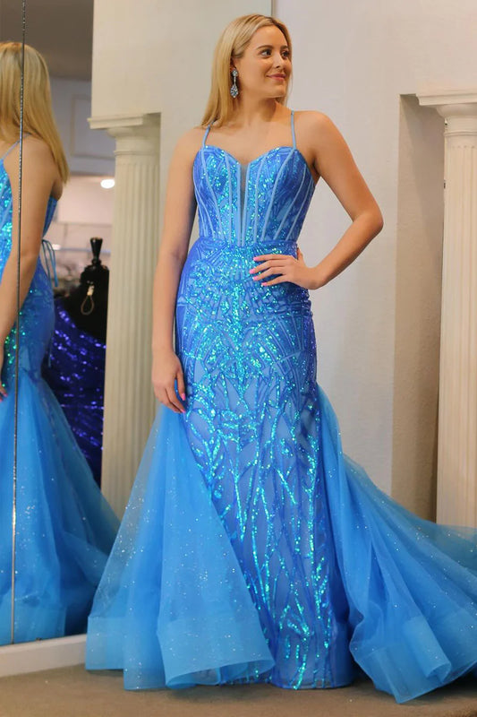 Blue Sequin Lace Sweetheart Mermaid Long Prom Dresses