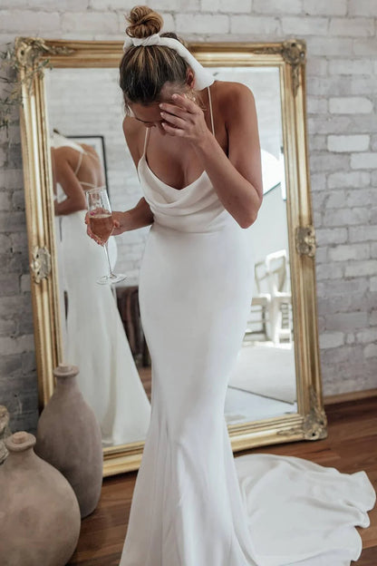 White Spaghetti Straps Mermaid Wedding Dress