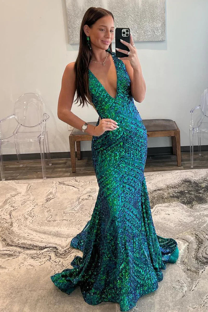 Dark Green Sequin Plunge V Mermaid Long Prom Dress