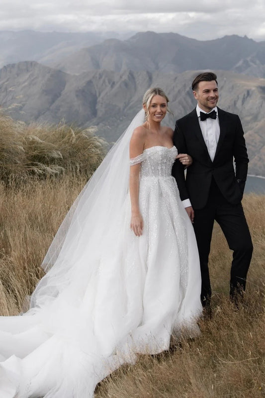 A-Line Off the Shoulder White Sequin Wedding Dresses