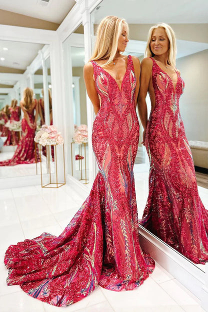 Fuchsia Sequin Lace V Neck Mermaid Long Prom Dresses