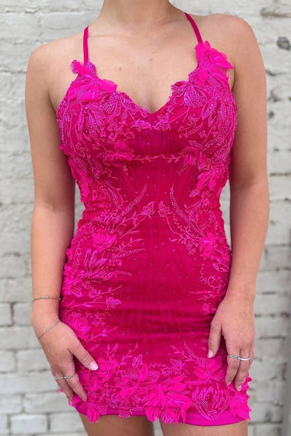 Hot Pink V Neck Bodycon Homecoming Dresses