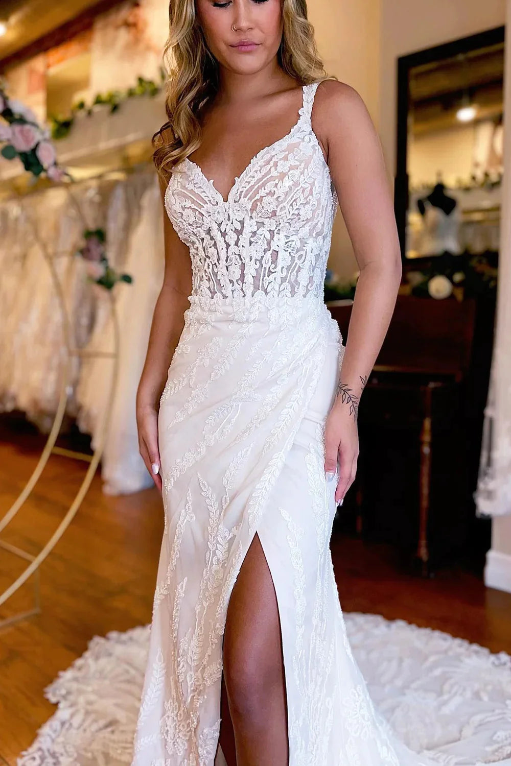 White V-Neck Sheath Long Lace Wedding Dress with Slit