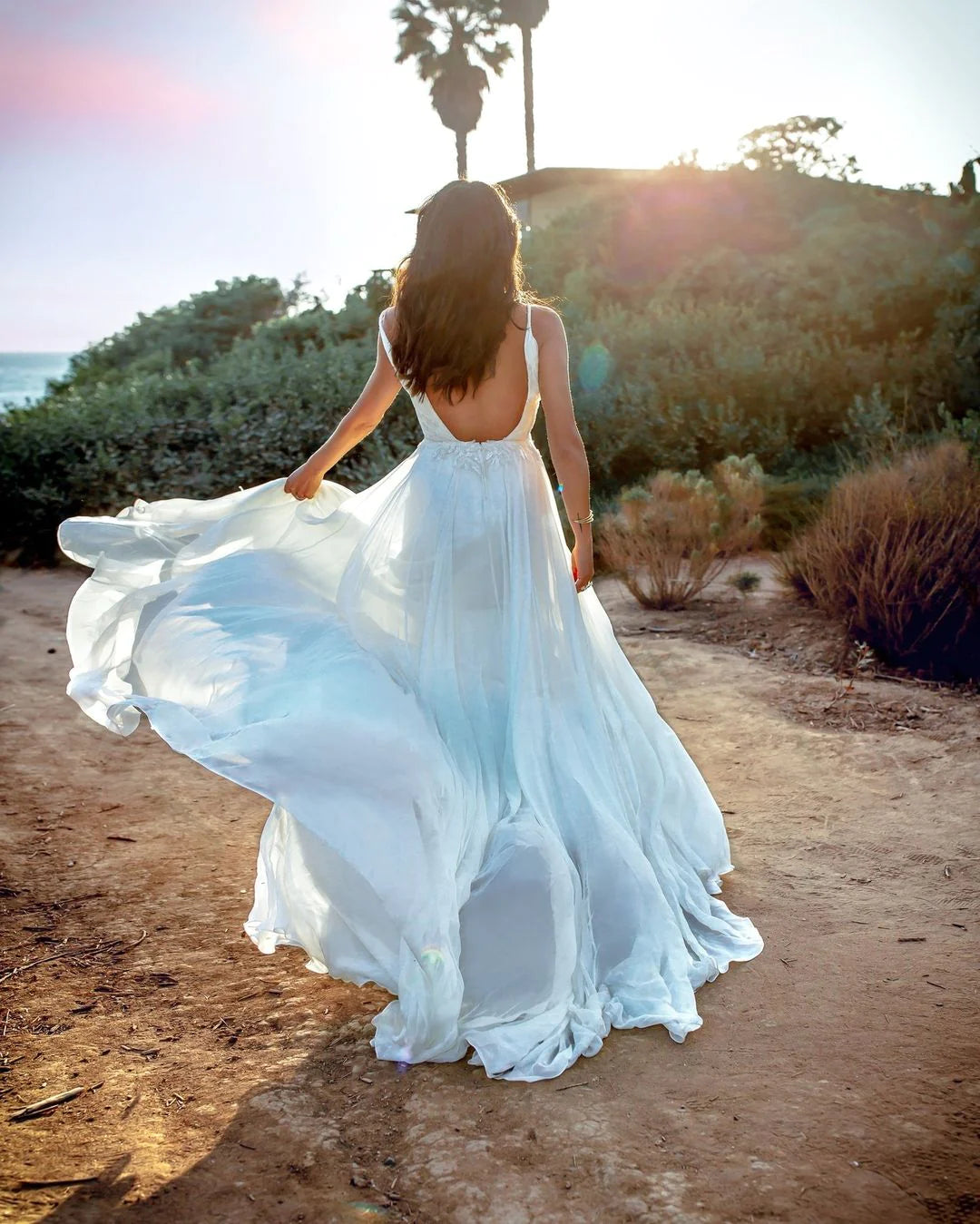 Bohemian A Line V Neck Tulle Wedding Dresses with Appliques