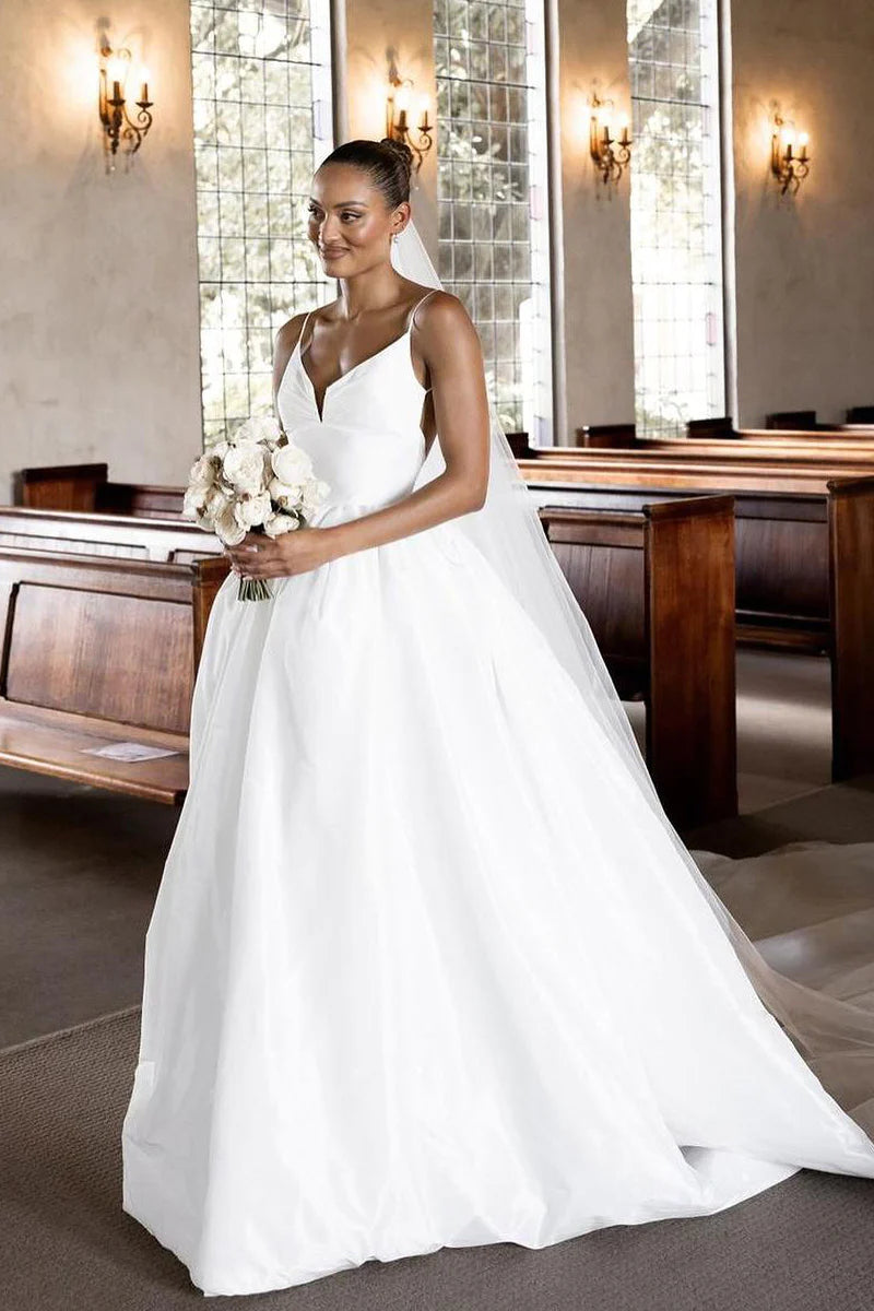 White Elegant A-Line V Neck Satin Wedding Dresses