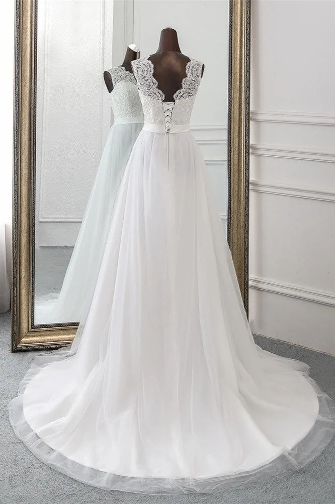 A-Line Jewel Long Wedding Gown With Lace Appliques