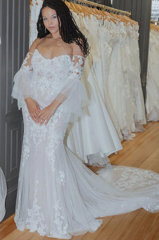 Mermaid Sweetheart Tulle Lace Boho Wedding Dresses with Sleeves