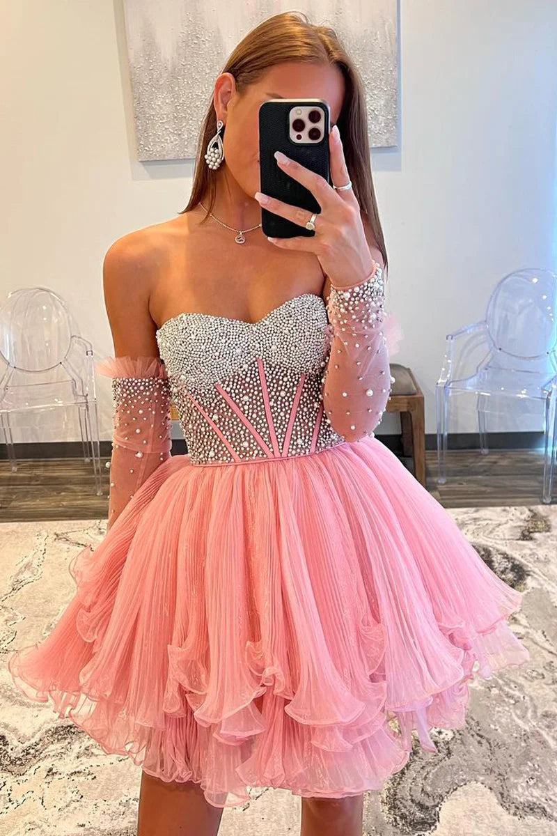 Stunning A-Line Sweetheart Pink Beaded Homecoming Dresses with Sleeves