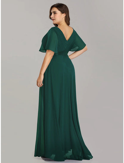 A-Line Mother of the Bride Dress Plus Size Elegant V Neck Floor Length Chiffon Short Sleeve with Sash / Ribbon Ruching