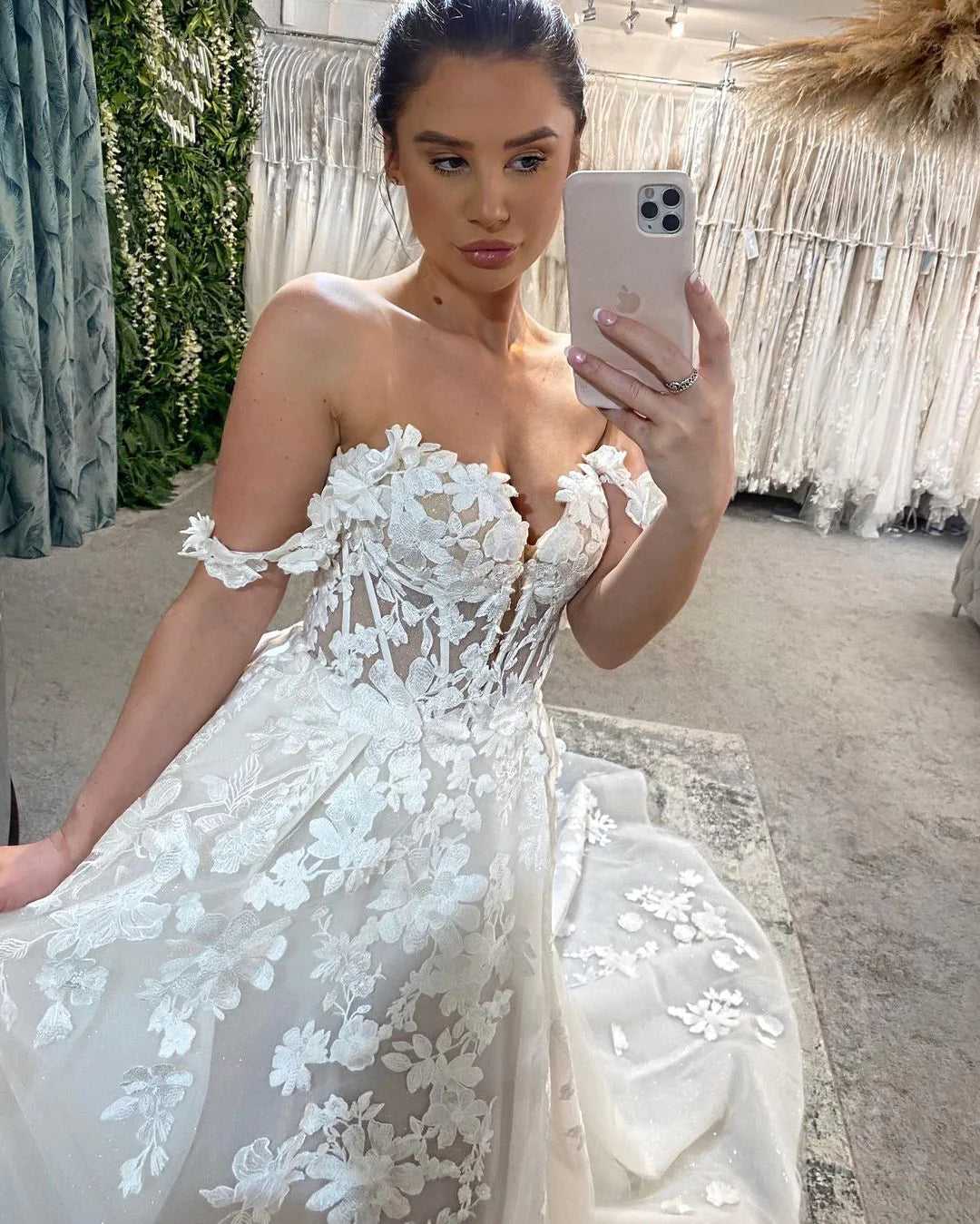 Cute A Line Off the Shoulder Tulle Long Wedding Dresses with Appliques