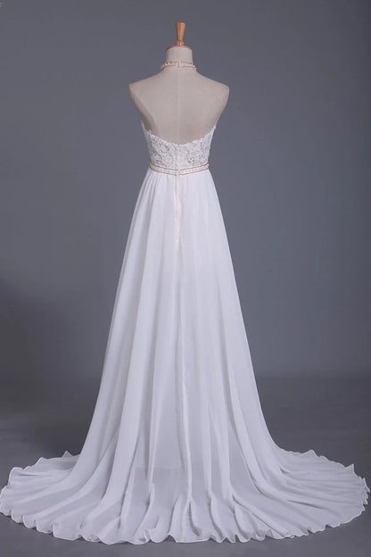 Halter Backless Chiffon Long Wedding Gown With Ruffles Pearl Lace