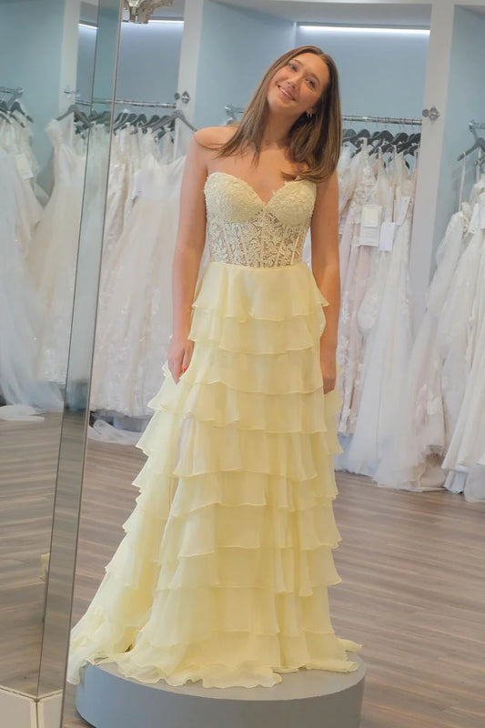 Yellow Sweetheart Tiered A-Line Long Prom Dress with Appliques