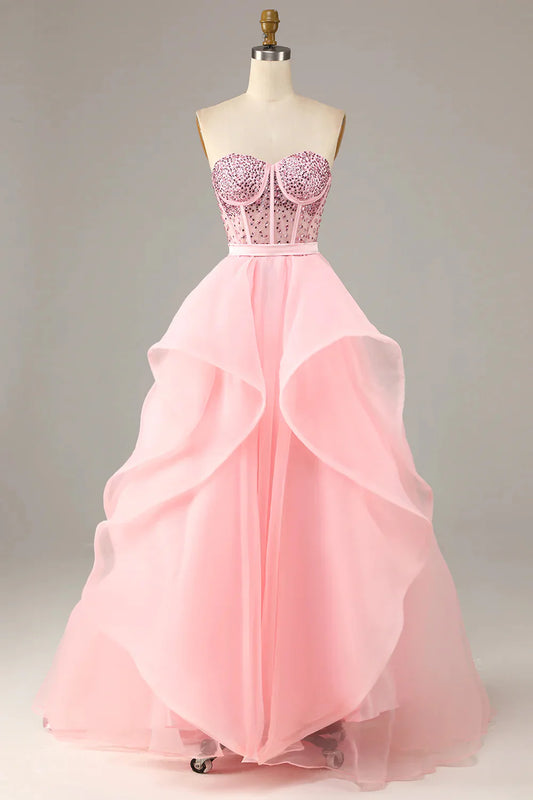 Sequins/Sparkling Pink Strapless Ball Gown Evening Dress Prom Dress