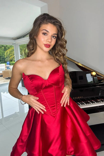 Sweetheart Red Satin A-line Short Homecoming Dresses