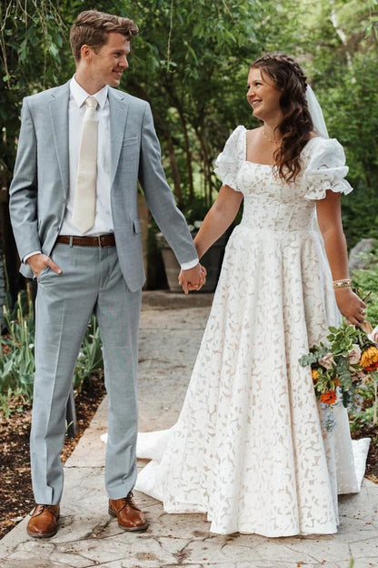 Ivory Lace Square Neck A-Line Long Wedding Dress with Puff Sleeves