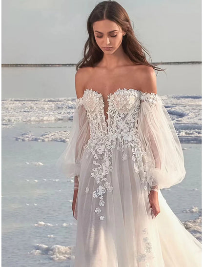 Beach Formal Wedding Dresses A-Line Off Shoulder Long Sleeve Court Train Lace Bridal Gowns With Appliques Summer Fall Wedding Party, Women's Clothing