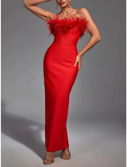 Sheath / Column Evening Gown Elegant Dress Formal Fall Ankle Length Sleeveless Strapless Stretch Fabric with Feather Slit