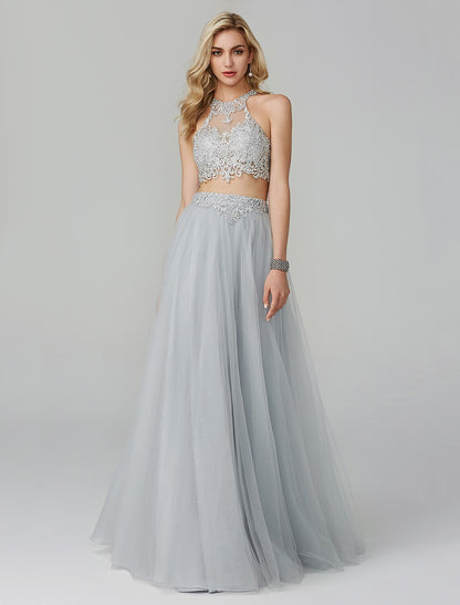 Two Piece Empire Dress Wedding Guest Prom Floor Length Sleeveless Halter Neck Lace with Appliques