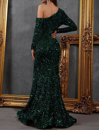 Mermaid / Trumpet Evening Gown Cut Out Dress Formal Wedding Sweep / Brush Train Long Sleeve One Shoulder Sequined with Sequin Slit