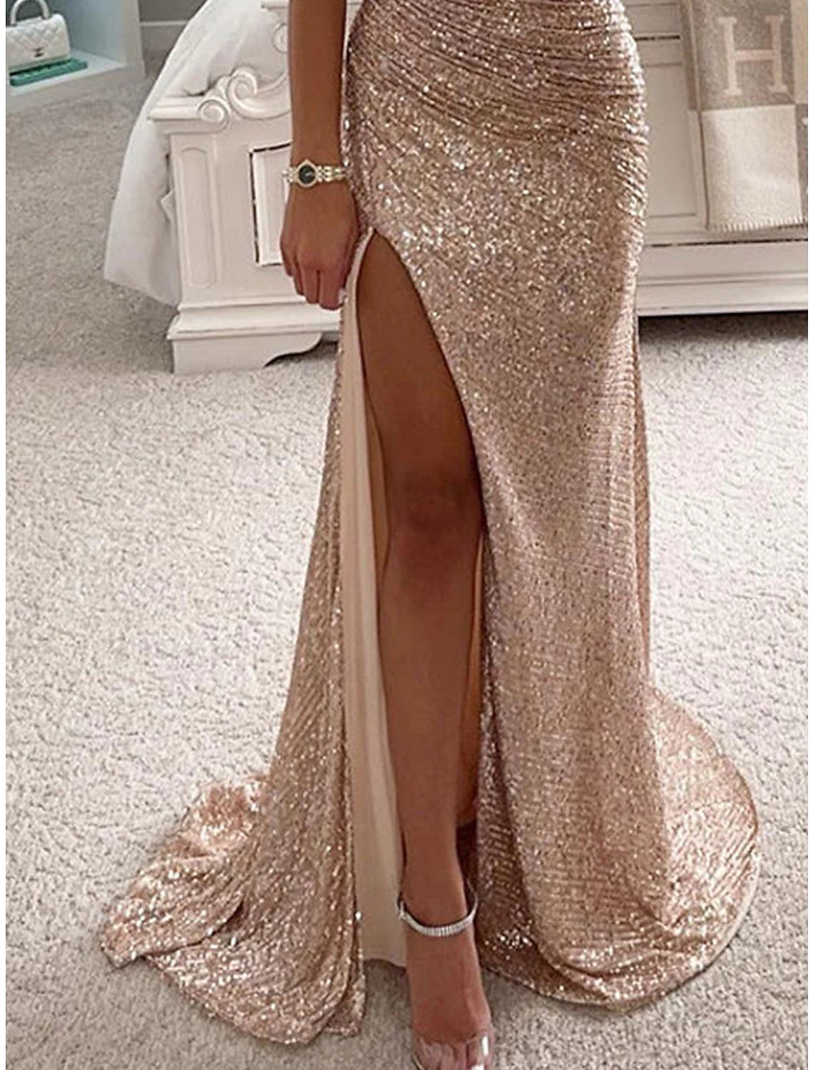 Women's Prom Dress Party Dress Sequin Dress Long Dress Maxi Dress Champagne Short Sleeve Pure Color Sequins Spring Fall Winter Off Shoulder Fashion Winter Dress Wedding Guest Evening Party