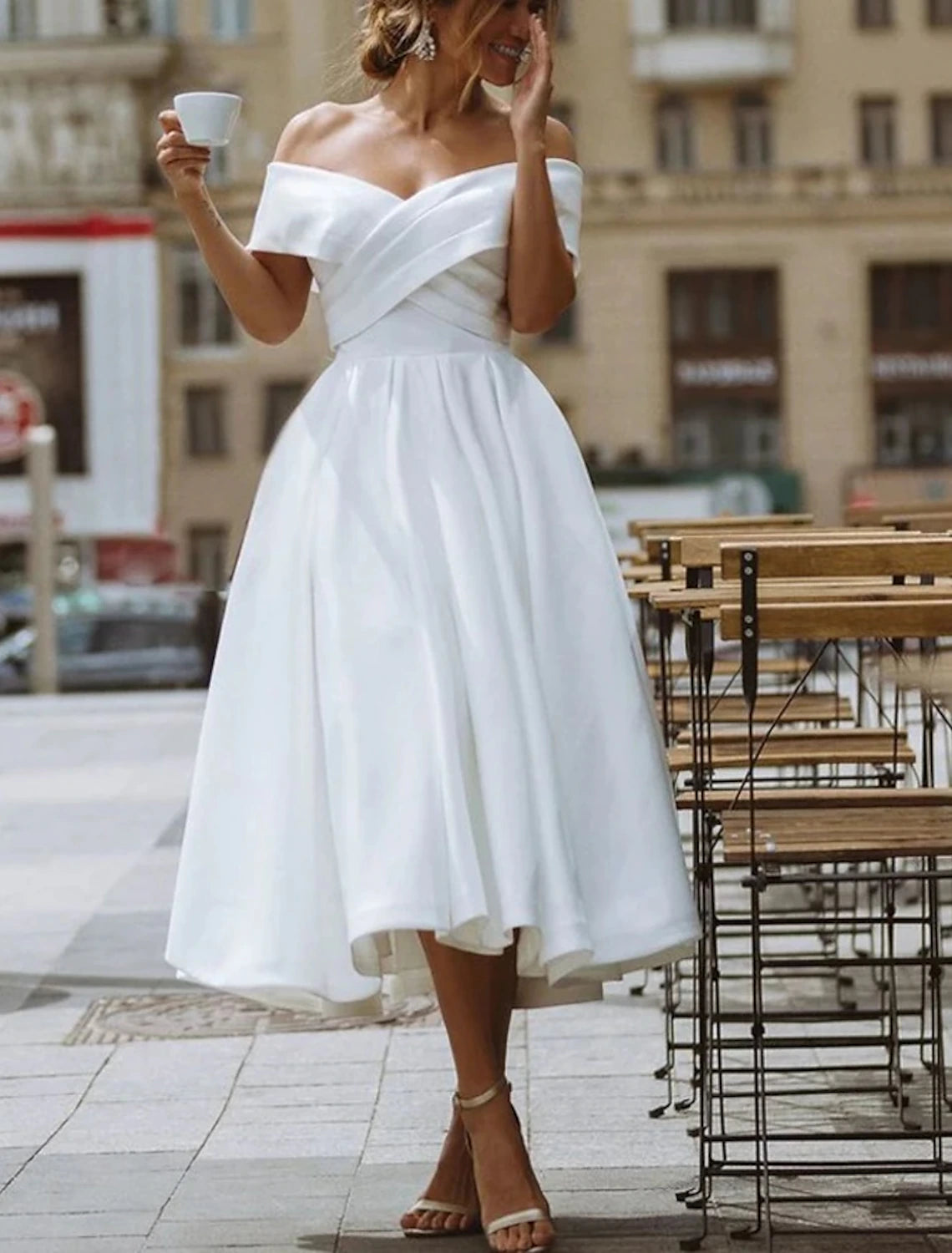 Little White Dresses Formal Wedding Dresses A-Line Off Shoulder Short Sleeve Tea Length Satin Bridal Gowns With Solid Color