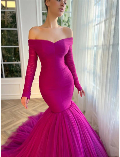 Mermaid / Trumpet Evening Gown Elegant Dress Wedding Guest Wedding Party Court Train Long Sleeve Off Shoulder Tulle with Ruched