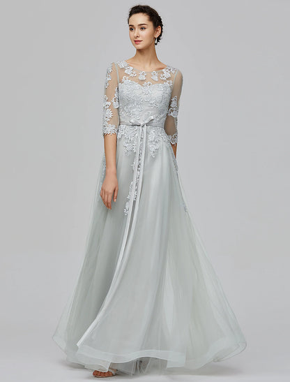 A-Line Empire Dress Wedding Guest Prom Floor Length Half Sleeve Illusion Neck Tulle with Bow(s) Appliques