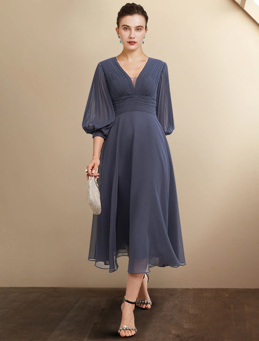 A-Line Mother of the Bride Dress Plus Size Elegant V Neck Tea Length Chiffon 3/4 Length Sleeve with Pleats Ruched