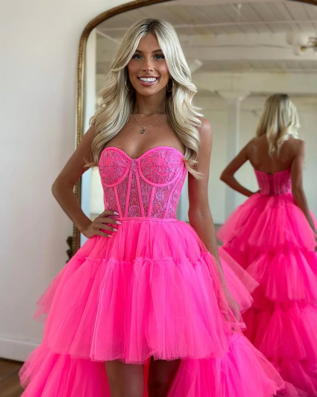 Cute A Line Sleeveless Dress Sweetheart Hot Pink Tulle High Low Prom Dresses