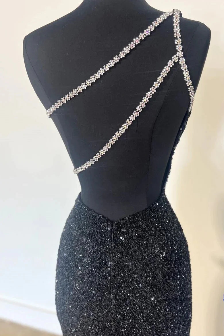 One-Shoulder Sequin Rhinestone Keyhole Long Dress with Slit