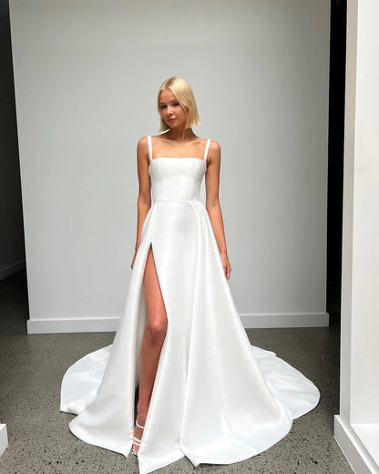 Cute A Line Square Neck Satin Wedding Dresses with Slit