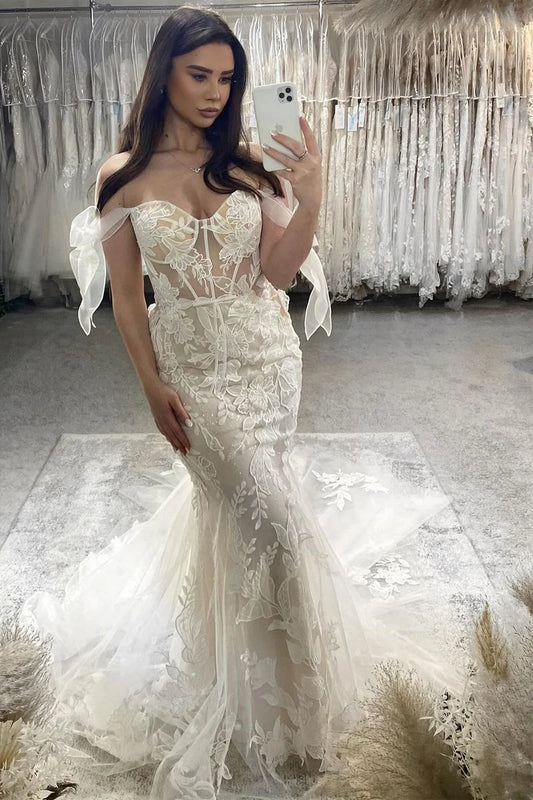 Princesss Mermaid Off the Shoulder Tulle Appliques Wedding Dresses