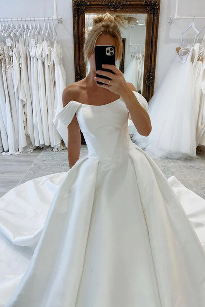 Elegant A-Line Off the Shoulder White Satin Wedding Dresses