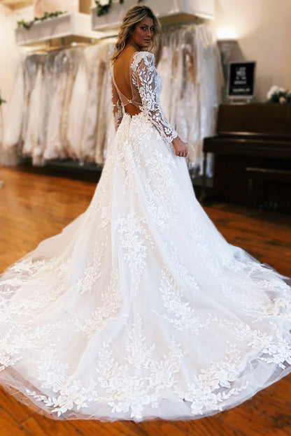 Ivory Appliques Plunge V Neck A-Line Long Wedding Dress with Long Sleeves