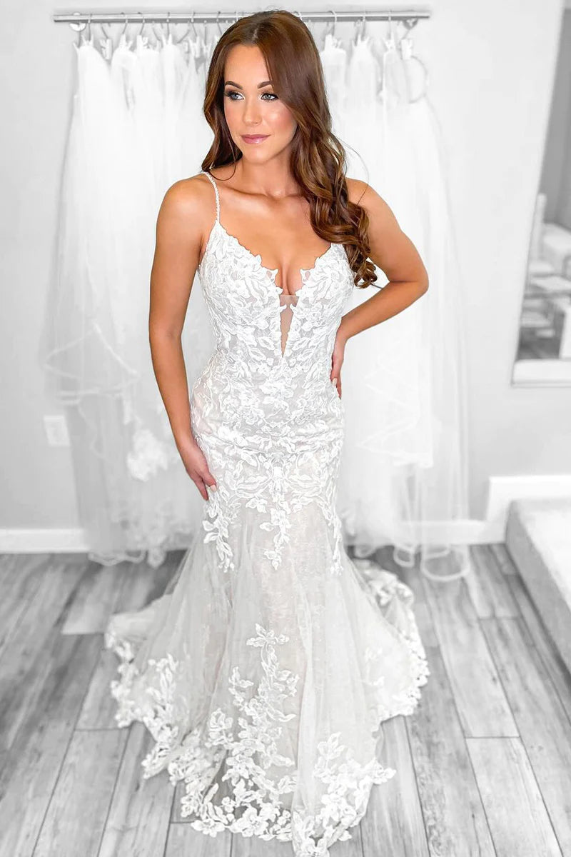 Mermaid V Neck Lace Wedding Dresses