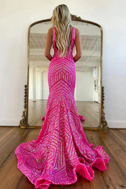 Fuchsia Deep V Neck Sequin Mermaid Prom Dress Floor-Length Gown