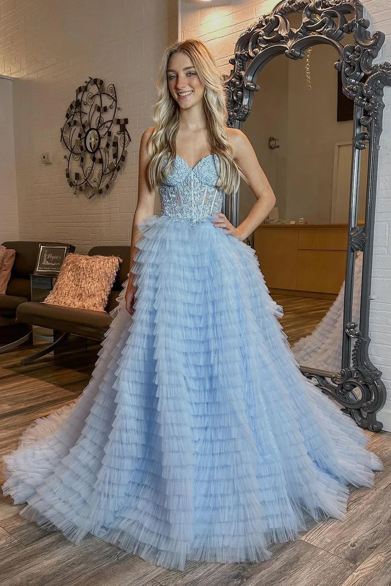 Light Blue Strapless Ruffle Tiered Tulle Long Prom Dresses with Appliques