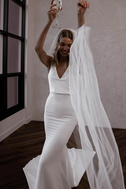 Simple Mermaid V Neck Backless White Satin Wedding Dresses